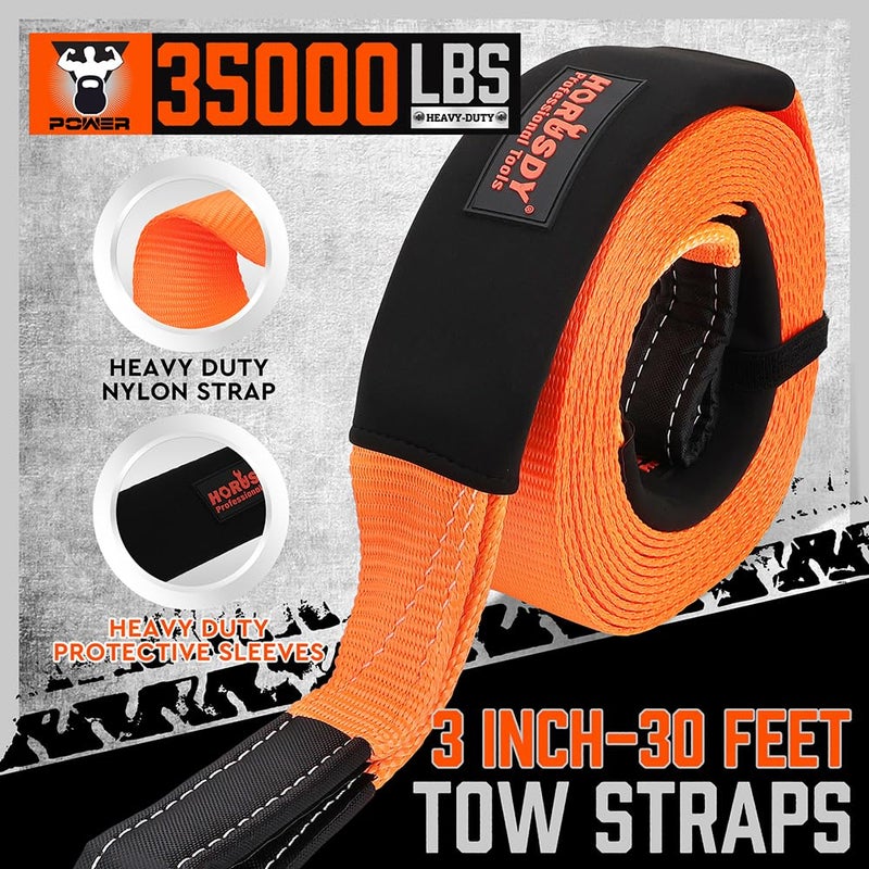 HORUSDY Nylon Heavy Duty Tow Strap Recovery Strap with Hooks 3" x 30Ft - 35,000 LBS Break Strength, 2" Shackle Hitch Receiver + 3/4 D Ring Shackles (2pcs), Recover Your Vehicle Stuck in Mud/Snow - Image 3