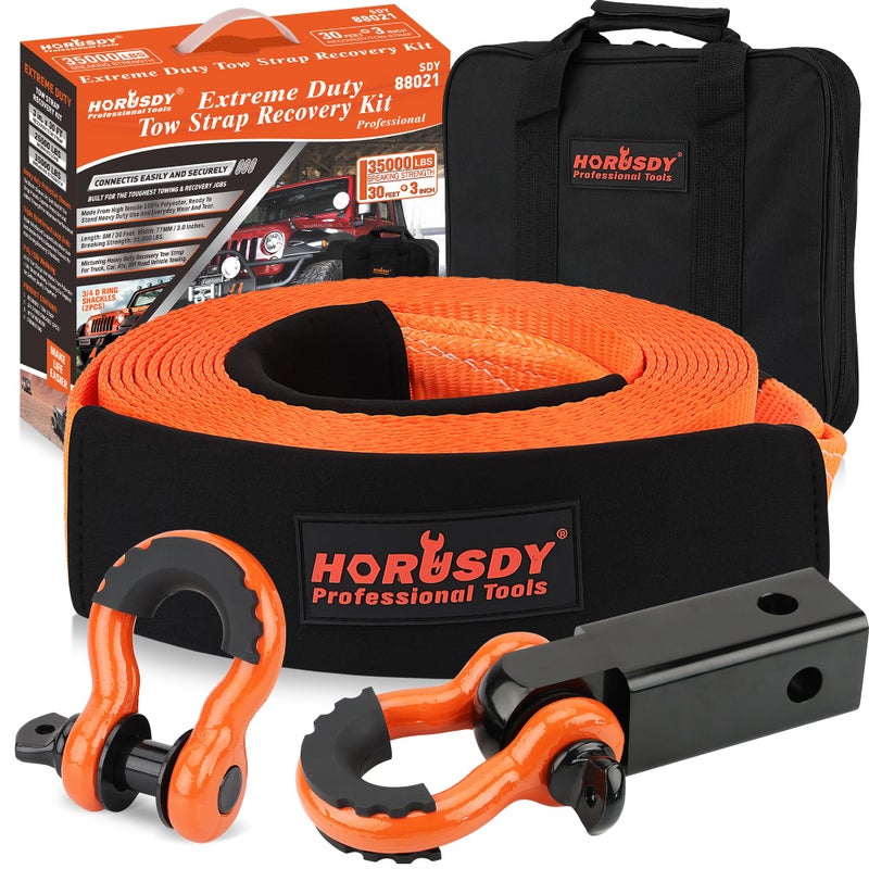 HORUSDY Nylon Heavy Duty Tow Strap Recovery Strap with Hooks 3" x 30Ft - 35,000 LBS Break Strength, 2" Shackle Hitch Receiver + 3/4 D Ring Shackles (2pcs), Recover Your Vehicle Stuck in Mud/Snow - Image 1