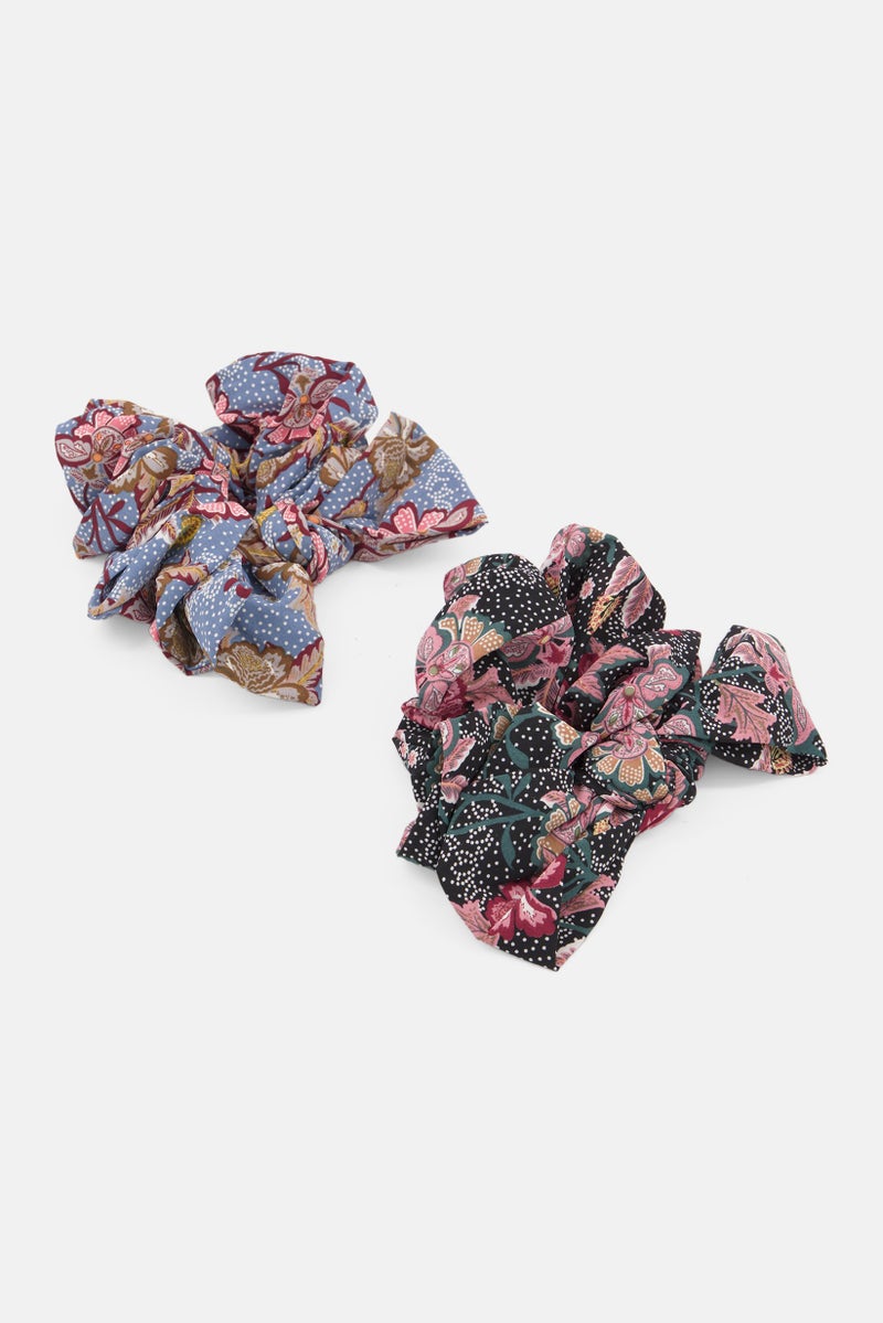 Lefties Women 2 Pc Allover  Printed Scrunchies, Black - Image 1