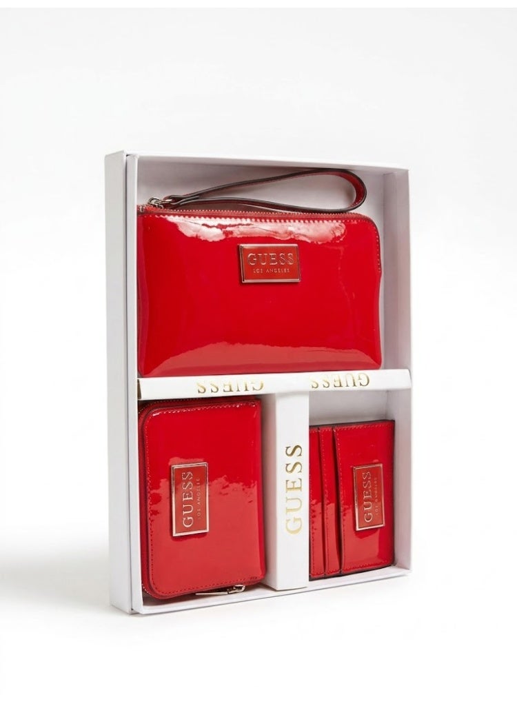 GUESS Los Angeles 3-Piece Patent Leather Gift Set - Includes Large Wristlet, Zip-Around Wallet, and Slim Card Holder - Vibrant Red - Image 1