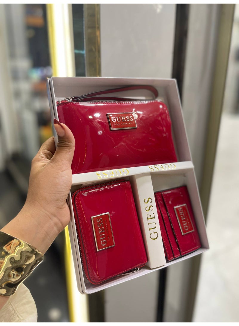 GUESS Los Angeles 3-Piece Patent Leather Gift Set - Includes Large Wristlet, Zip-Around Wallet, and Slim Card Holder - Vibrant Red - Image 2