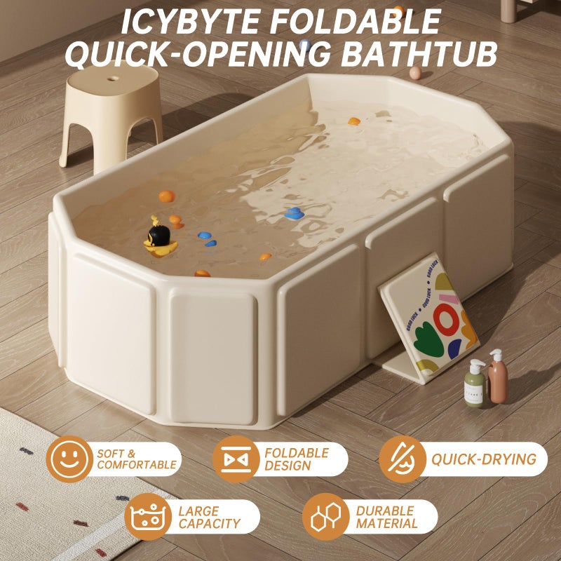 IcyByte Foldable Kids Bathtub, Portable Baby Bathtub for Newborns to Toddlers, Collapsible Toddler Bath Tub for Shower & Travel, Infant Bath Tub with Non-Slip Base, Space Saving, White - Image 3