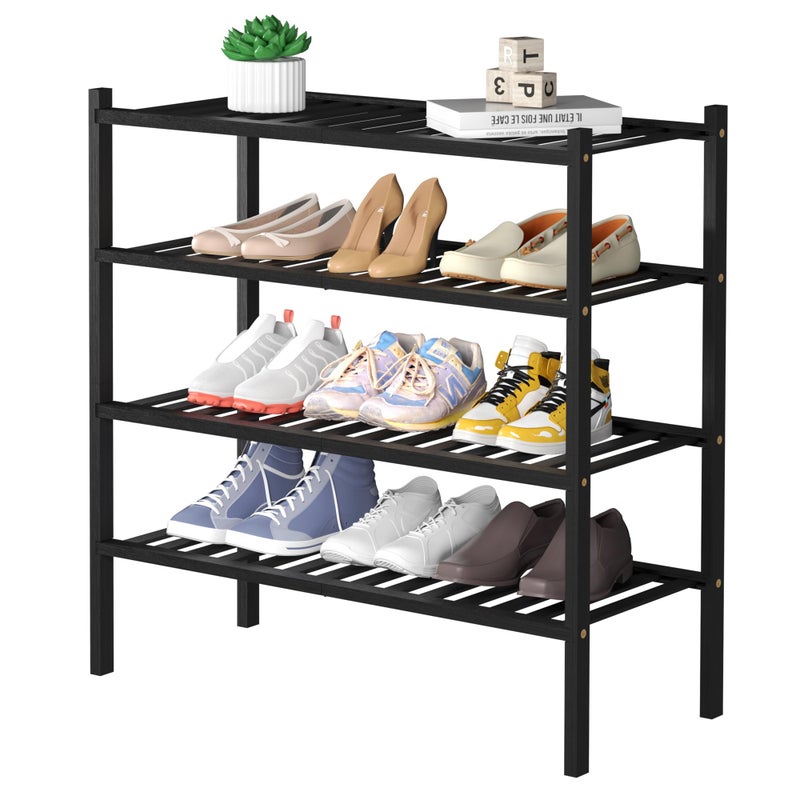 ROMGUAR CRAFT 4 Tier Bamboo Shoe Rack for Closet Free Standing Wood Shoe Shelf for Entryway Small Space Stackable 27x11x26 Black