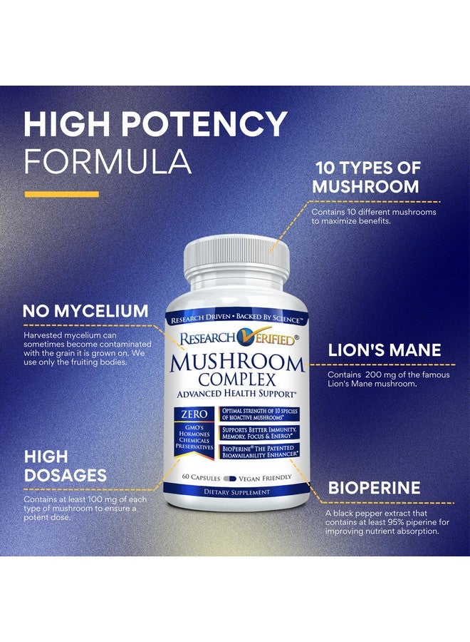 Research Verified Mushroom Complex - Support Immunity, Boost Antioxidants, Improve Cognitive Function - 10 Mushrooms Including Reishi, Maitake, and Shiitake - 60 Capsules - Vegan - Image 2