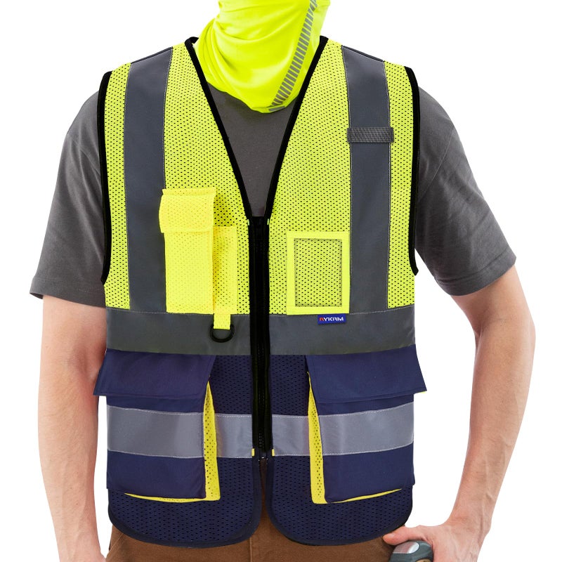 ASAFETY High Visibility Mesh Safety Reflective Vest with Pockets and ZipperHi Vis Viz Reflective Safety VestYellowNavy Mesh L