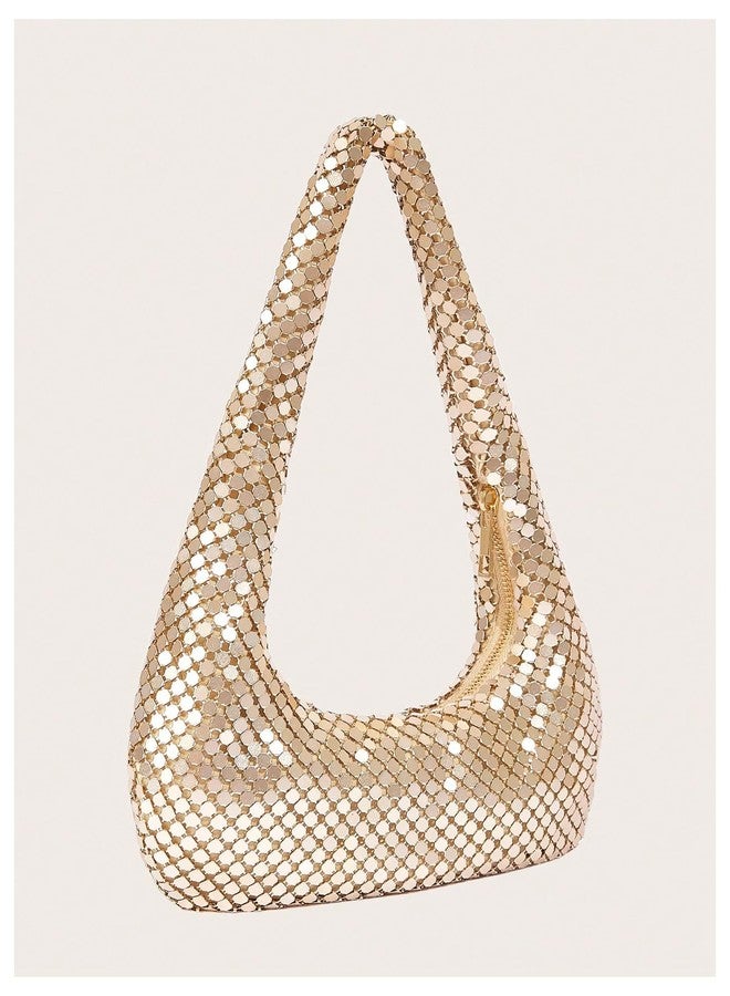 MakeMeChic Women's Metallic Glitter Sequin Underarm Bag Party Evening Hobo Handbags Gold One Size - Image 2