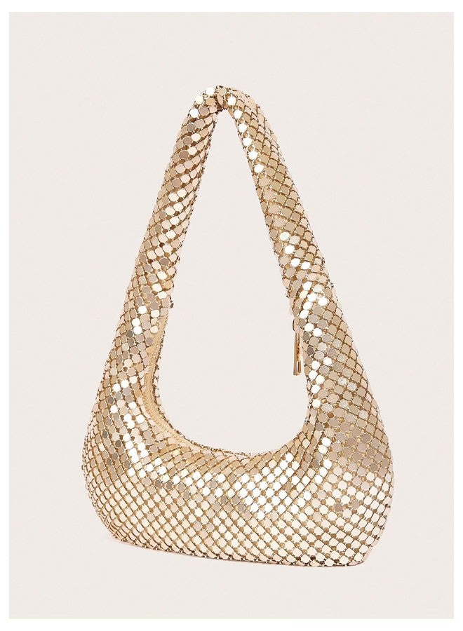 MakeMeChic Women's Metallic Glitter Sequin Underarm Bag Party Evening Hobo Handbags Gold One Size - Image 3