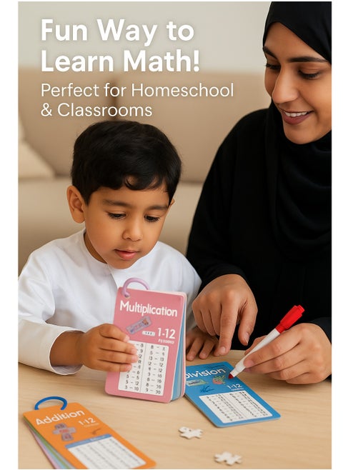 Ultimate Maths Flash Cards Set: Comprehensive Learning Tool for Kids and Students - Includes Addition, Subtraction, Multiplication and Division for Numbers 1-12! Boost Maths Skills with Color-Coded Cards, Organized by Arithmetic Type for Easy Learning - Designed for Interactive Practice, Each Set Comes Attached to Durable Rings for Quick Flipping and Includes Reusable Dry-Erase Markers for Writing and Erasing - Perfect for Home, Schooling, Classroom Activities or On-the-Go Learning - Encourage Problem Solving, Focus and Confidence with this Engaging Educational Gift - Ideal for Parents, Teachers and Learners of All Ages - Make Maths Fun and Accessible