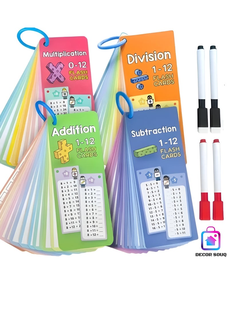 DECOR SOUQ - Ultimate Maths Flash Cards Set: Comprehensive Learning Tool for Kids and Students - Includes Addition, Subtraction, Multiplication and Division for Numbers 1-12! Boost Maths Skills with Color-Coded Cards, Organized by Arithmetic Type for Easy Learning - Designed for Interactive Practice, Each Set Comes Attached to Durable Rings for Quick Flipping and Includes Reusable Dry-Erase Markers for Writing and Erasing - Perfect for Home, Schooling, Classroom Activities or On-the-Go Learning - Encourage Problem Solving, Focus and Confidence with this Engaging Educational Gift - Ideal for Parents, Teachers and Learners of All Ages - Make Maths Fun and Accessible - Image 1