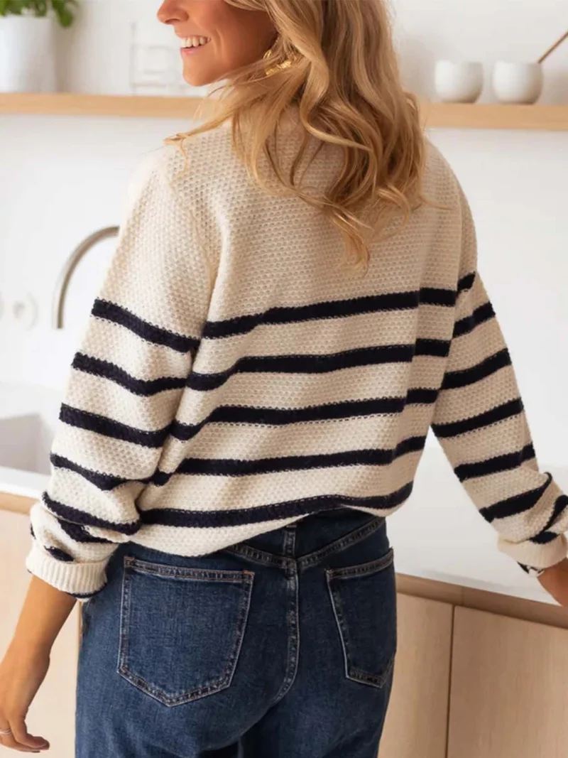 OUTZIDR Cream Full Sleeves Striped Cardigan