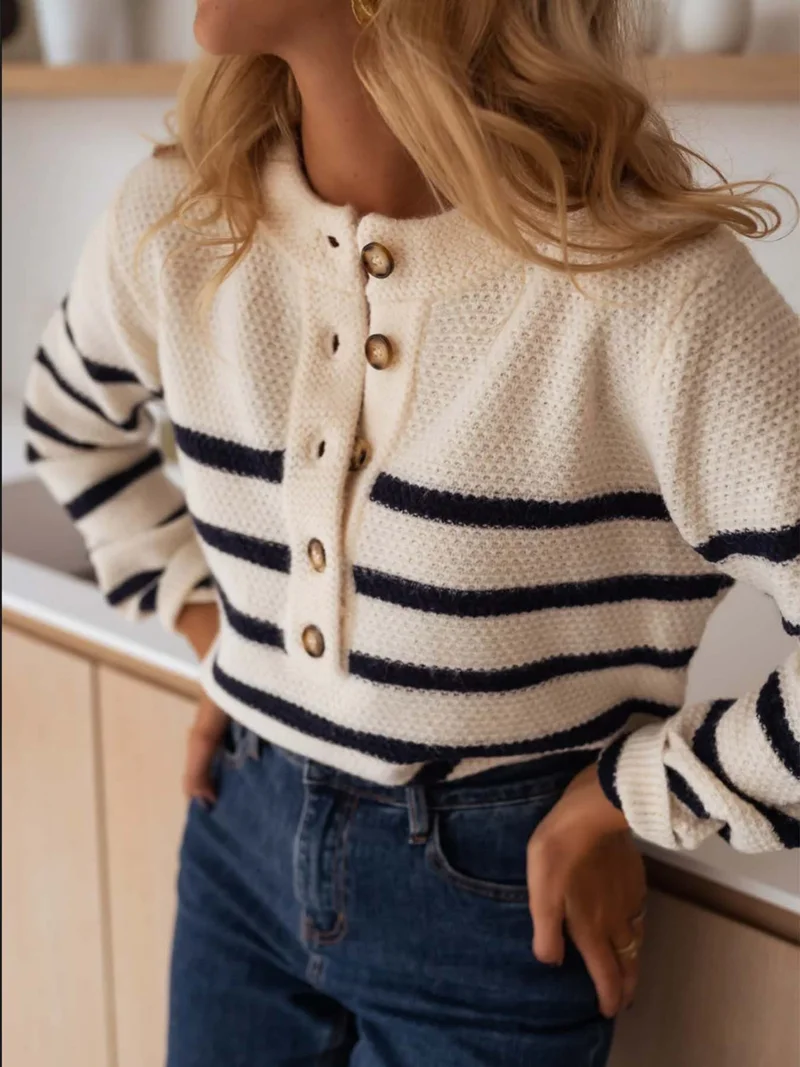 Outzidr  Cream Full Sleeves Striped Cardigan  | Best Price UAE