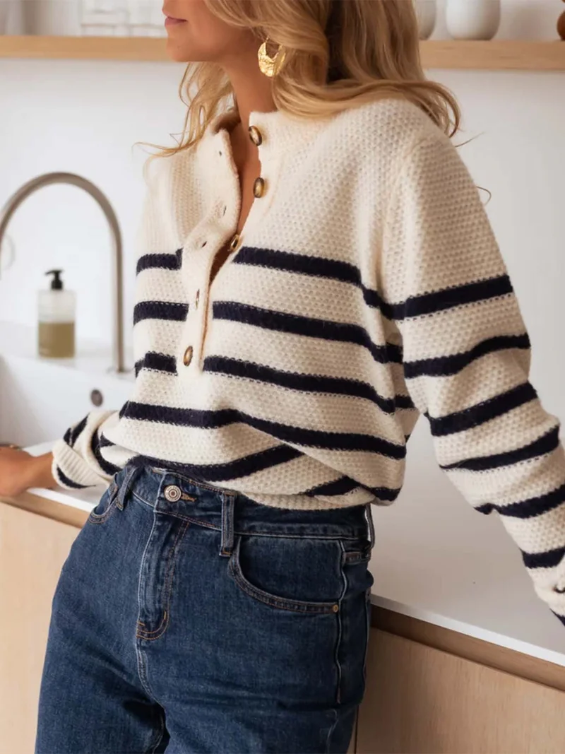 Outzidr  Cream Full Sleeves Striped Cardigan  | Best Price UAE