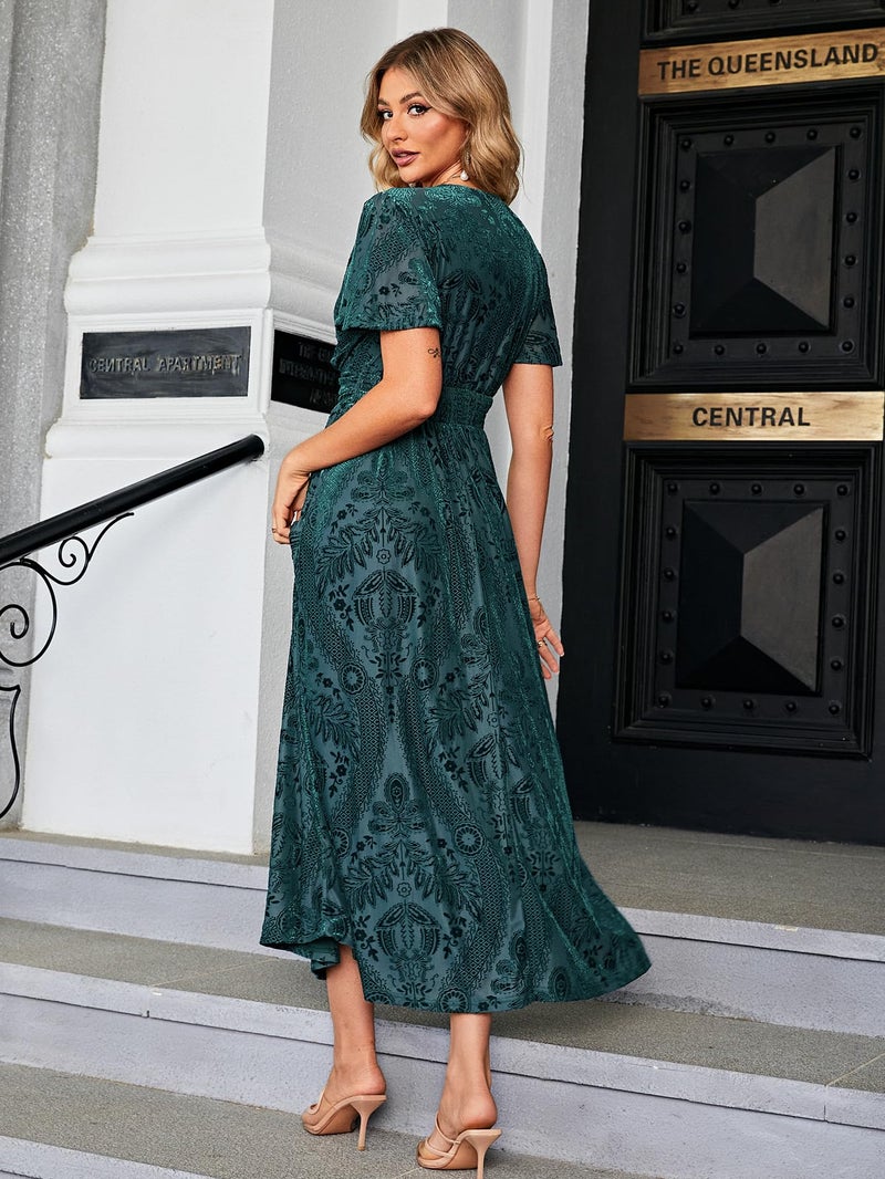 Simplee Apparel Simplee Women's Fall Formal Wedding Guest Velvet Maxi Dress Elegant Floral High Waisted V Neck Short Sleeve Long Dress (X-Large Green) - Image 4