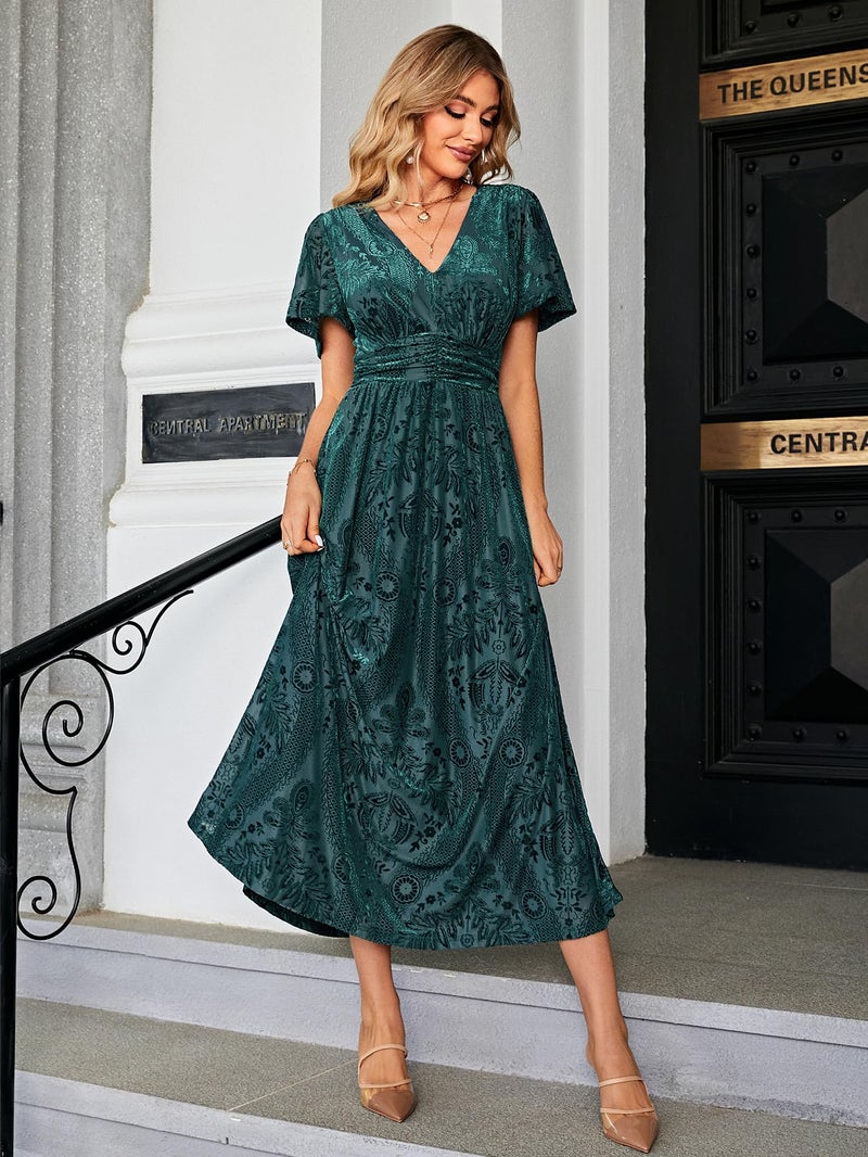 Simplee Apparel Simplee Women's Fall Formal Wedding Guest Velvet Maxi Dress Elegant Floral High Waisted V Neck Short Sleeve Long Dress (X-Large Green) - Image 2
