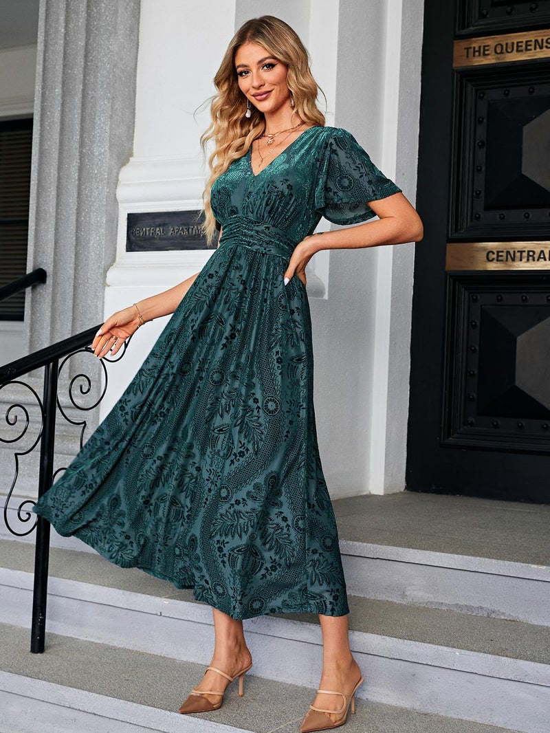 Simplee Apparel Simplee Women's Fall Formal Wedding Guest Velvet Maxi Dress Elegant Floral High Waisted V Neck Short Sleeve Long Dress (X-Large Green) - Image 5