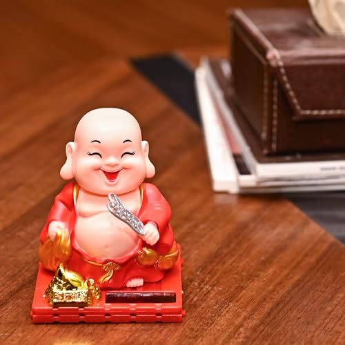 HindCraft Solar Buddha Monk Idol –Valentine Gift for Good Luck & Wealth | Moving Head & Hand with Money Potli | Feng Shui Showpiece for Car, Home & Office | Buddha Décor for Peace & Prosperity - Image 1