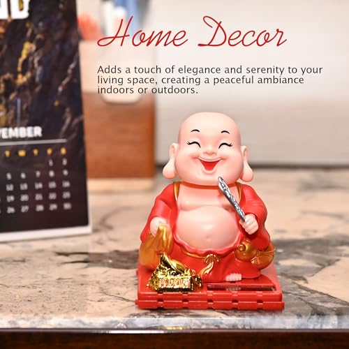 HindCraft Solar Buddha Monk Idol –Valentine Gift for Good Luck & Wealth | Moving Head & Hand with Money Potli | Feng Shui Showpiece for Car, Home & Office | Buddha Décor for Peace & Prosperity - Image 4