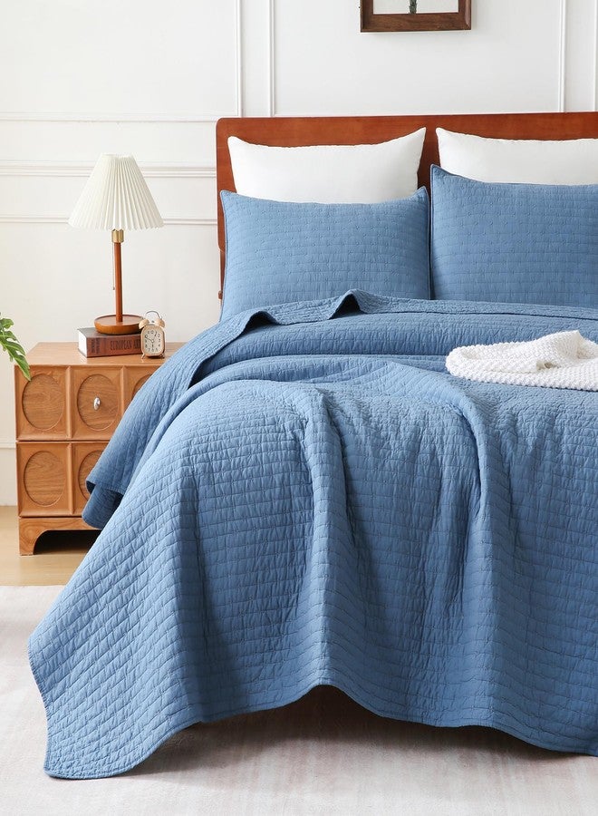 opso Queen Size Quilt Bedspread Sets, Cotton Bedding Set with 2 Pillowcases, Prewashed Lightweight Soft Quilted Cross Stitch Vintage Full Size Coverlet Comforter Sets, Blue - Image 1