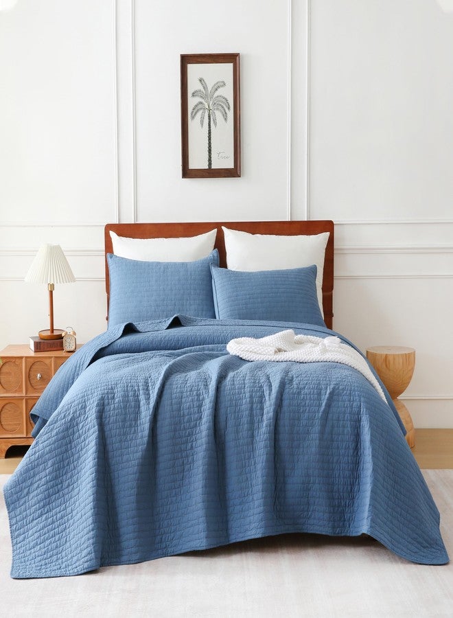 opso Queen Size Quilt Bedspread Sets, Cotton Bedding Set with 2 Pillowcases, Prewashed Lightweight Soft Quilted Cross Stitch Vintage Full Size Coverlet Comforter Sets, Blue - Image 2