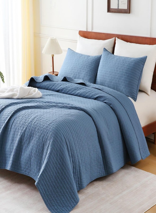 opso Queen Size Quilt Bedspread Sets, Cotton Bedding Set with 2 Pillowcases, Prewashed Lightweight Soft Quilted Cross Stitch Vintage Full Size Coverlet Comforter Sets, Blue - Image 3