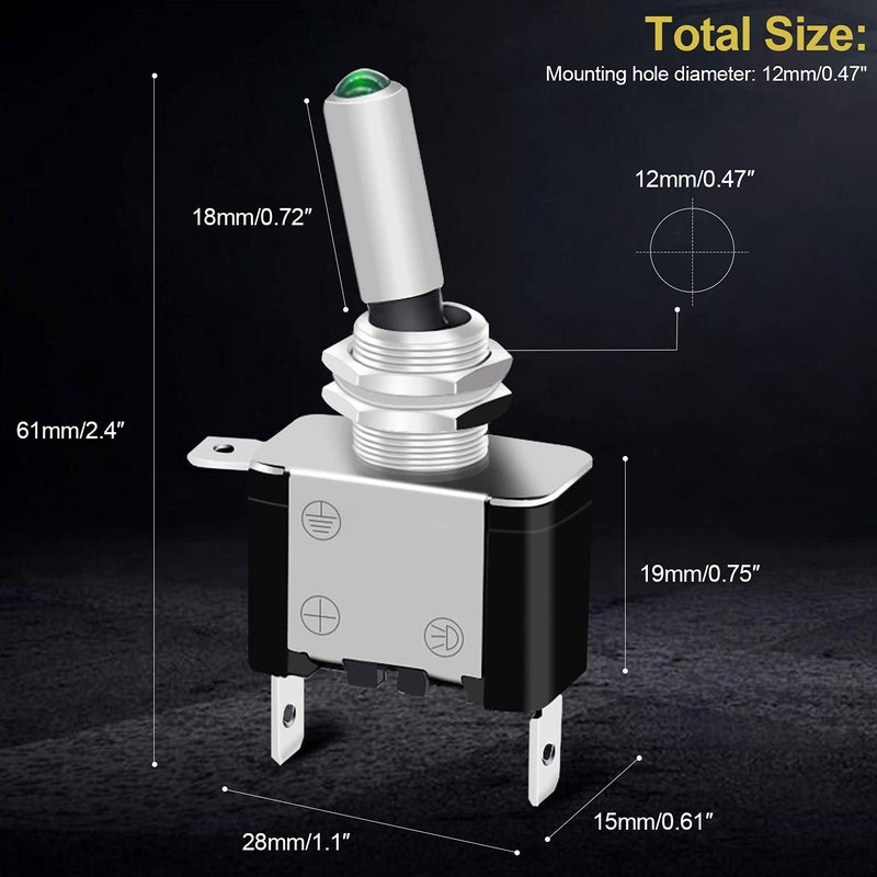 Twidec /3Pcs Rocker Lighted Toggle Switch 12V 20A Heavy Duty Racing Car Automotive Auto SPST ON/Off Toggle Switch Green LED Illuminated 3Pin ASW-07DG - Image 2
