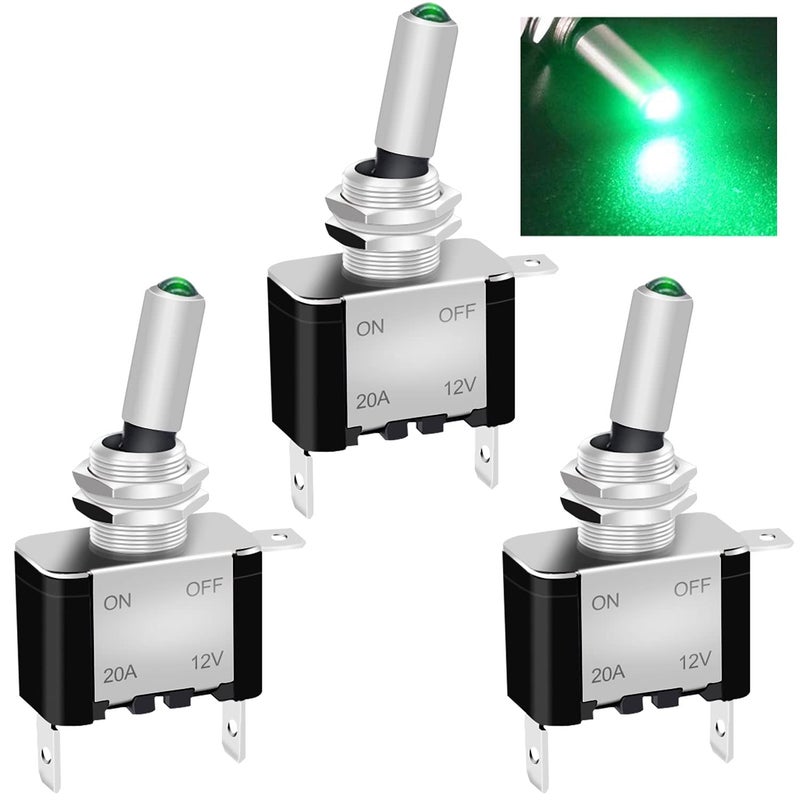 Twidec /3Pcs Rocker Lighted Toggle Switch 12V 20A Heavy Duty Racing Car Automotive Auto SPST ON/Off Toggle Switch Green LED Illuminated 3Pin ASW-07DG - Image 1