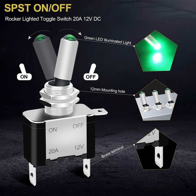 Twidec /3Pcs Rocker Lighted Toggle Switch 12V 20A Heavy Duty Racing Car Automotive Auto SPST ON/Off Toggle Switch Green LED Illuminated 3Pin ASW-07DG - Image 3