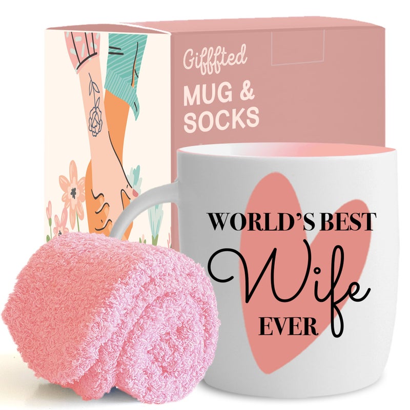 Triple Gifffted Triple Gifffted Worlds Best Wife Ever Coffee Mug and Socks Gifts For Women From Husband For Valentines For Her Birthday Wedding Anniversary Christmas Mothers Day Ceramic Pink 380ML