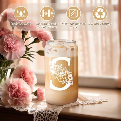 Coolife Initial Glass Cup, Monogrammed Gifts for Women, 16oz Glass Cups w/Lids Straws, Iced Coffee Smoothie Beer Tumbler w/Straw Lid, Personalized Mothers Day, Birthday Gifts for Woman Mom Friend Her - Image 2