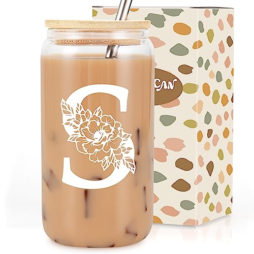 Coolife Initial Glass Cup, Monogrammed Gifts for Women, 16oz Glass Cups w/Lids Straws, Iced Coffee Smoothie Beer Tumbler w/Straw Lid, Personalized Mothers Day, Birthday Gifts for Woman Mom Friend Her - Image 1