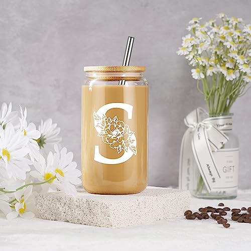 Coolife Initial Glass Cup, Monogrammed Gifts for Women, 16oz Glass Cups w/Lids Straws, Iced Coffee Smoothie Beer Tumbler w/Straw Lid, Personalized Mothers Day, Birthday Gifts for Woman Mom Friend Her - Image 4