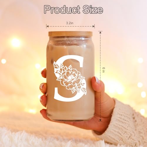 Coolife Initial Glass Cup, Monogrammed Gifts for Women, 16oz Glass Cups w/Lids Straws, Iced Coffee Smoothie Beer Tumbler w/Straw Lid, Personalized Mothers Day, Birthday Gifts for Woman Mom Friend Her - Image 5