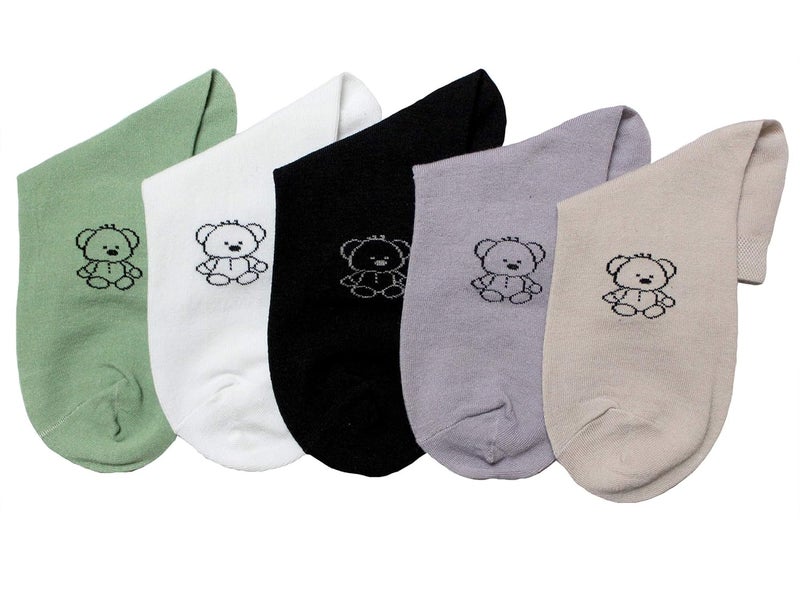 Missby® Teddy Print Cotton Ankle Socks (Multi-Coloured, Pack of 5 Pairs) - Image 1