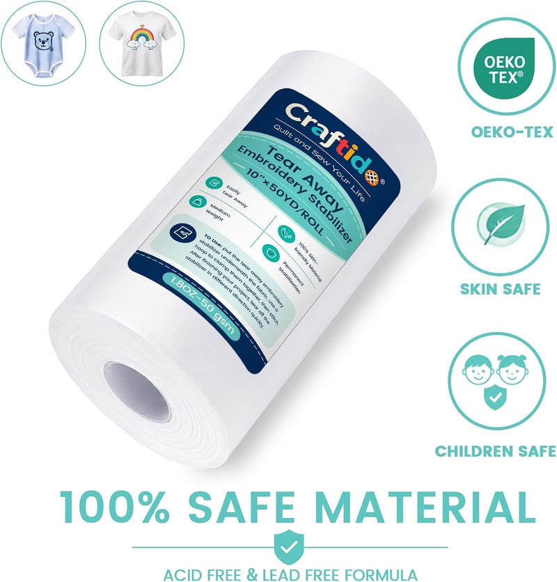 craftido كرافتيدو مثبت تطريز قابل للتمزيق 10 بوصة × 50 ياردة/لفة متوافق مع معظم الطارات 1.8 أونصة وزن متوسط للتطريز الآلي والخياطة اليدوية - Image 3