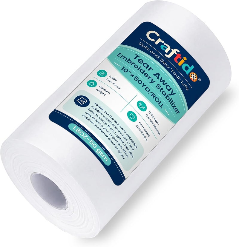 craftido كرافتيدو مثبت تطريز قابل للتمزيق 10 بوصة × 50 ياردة/لفة متوافق مع معظم الطارات 1.8 أونصة وزن متوسط للتطريز الآلي والخياطة اليدوية - Image 1