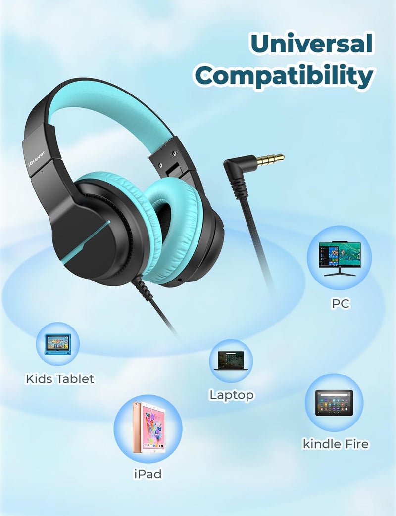 iClever HS19 Kids Headphones with Microphone for School, Volume Limiter 74/85dBA, Over-Ear Girls Boys Headphones for Kids with Shareport, Foldable Wired for iPad/Travel (Black) - Image 5