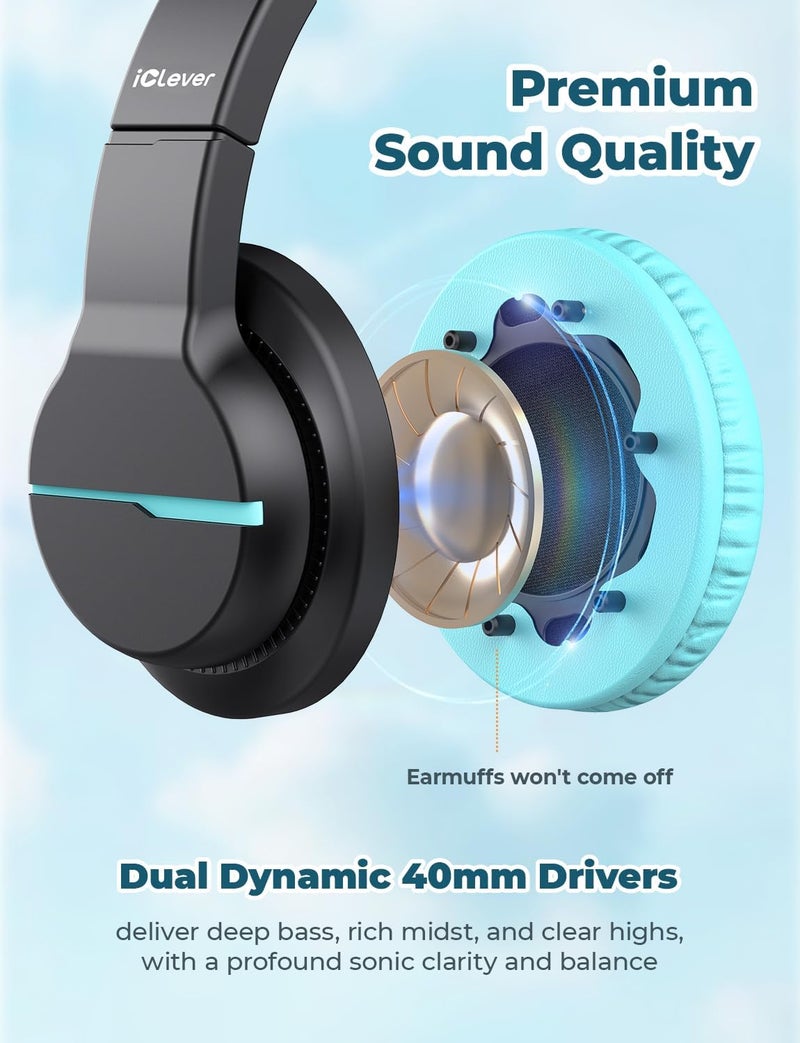 iClever HS19 Kids Headphones with Microphone for School, Volume Limiter 74/85dBA, Over-Ear Girls Boys Headphones for Kids with Shareport, Foldable Wired for iPad/Travel (Black) - Image 4