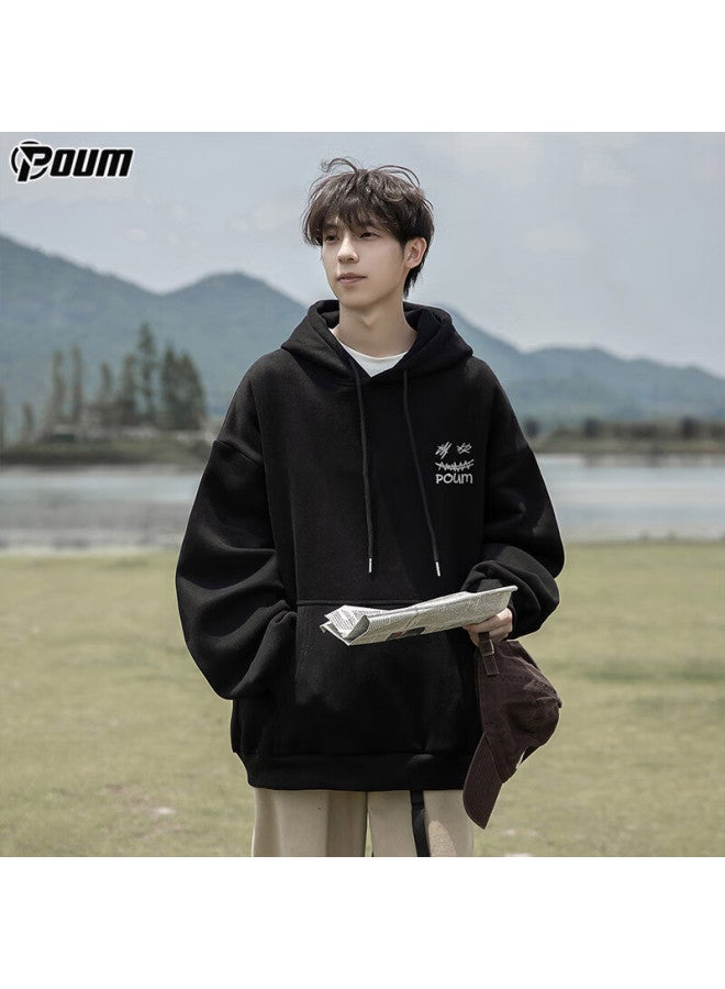 Poum Hooded Sweatshirt For Men, Spring And Autumn Style, Loose Casual Couple's Sportswear Jacket, Pow04 Black 2XL - Image 2
