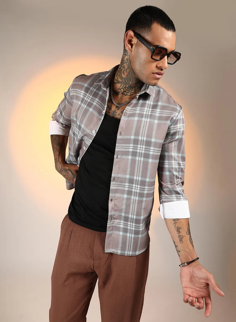 Campus Sutra Men's Nude Pink & Cloud Grey Tartan Plaid Shirt For Casual Wear | Spread Collar | Long Sleeve | Button Closure | Shirt Crafted With Comfort Fit For Everyday Wear