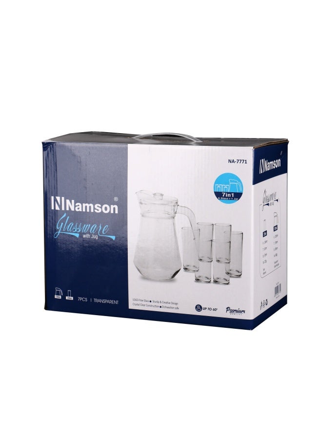 NAMSON Juice Jug Set 1200Ml Glass Pitcher Set Na-7771 With Lid And 6 Pieces 235Ml Glasses Clear Juce Jug Set - Image 3