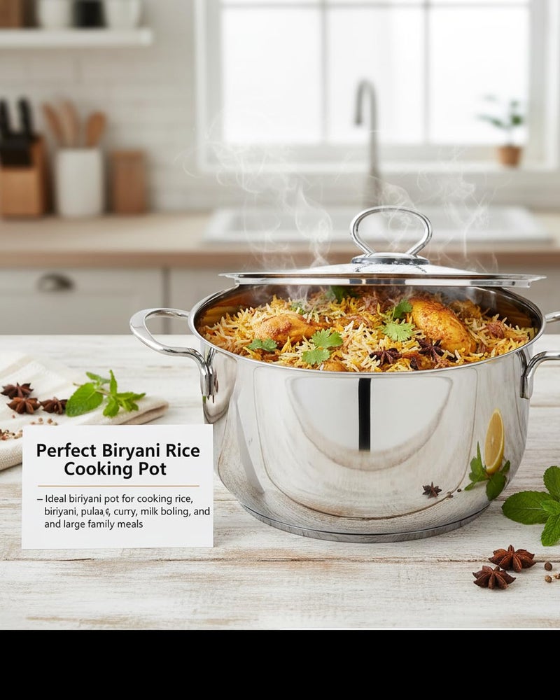 Pradeep Stainless Steel Cookpot with Design Lid (Bello)|18CM,2.3 L Capacity| Sandwich Bottom for Even Heating |Elegant SS Design Lid|Induction&Gas Stove Compatible|Biriyani Pot|Rice Cooking Pan - Image 5
