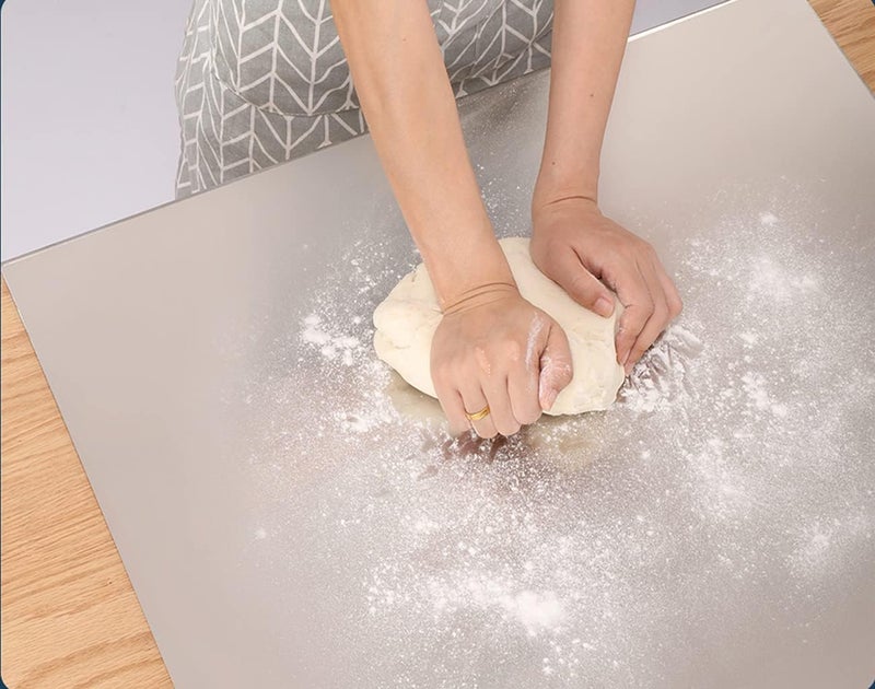 tonchean Extra Large 304 Stainless Steel Chopping Board with Lip, 35.4â€x 22.8â€Steel Cutting Board with Rolling Pin, Metal Noodle Board Pastry Board Kneading Dough Board for Kitchen Restaurant - Image 3