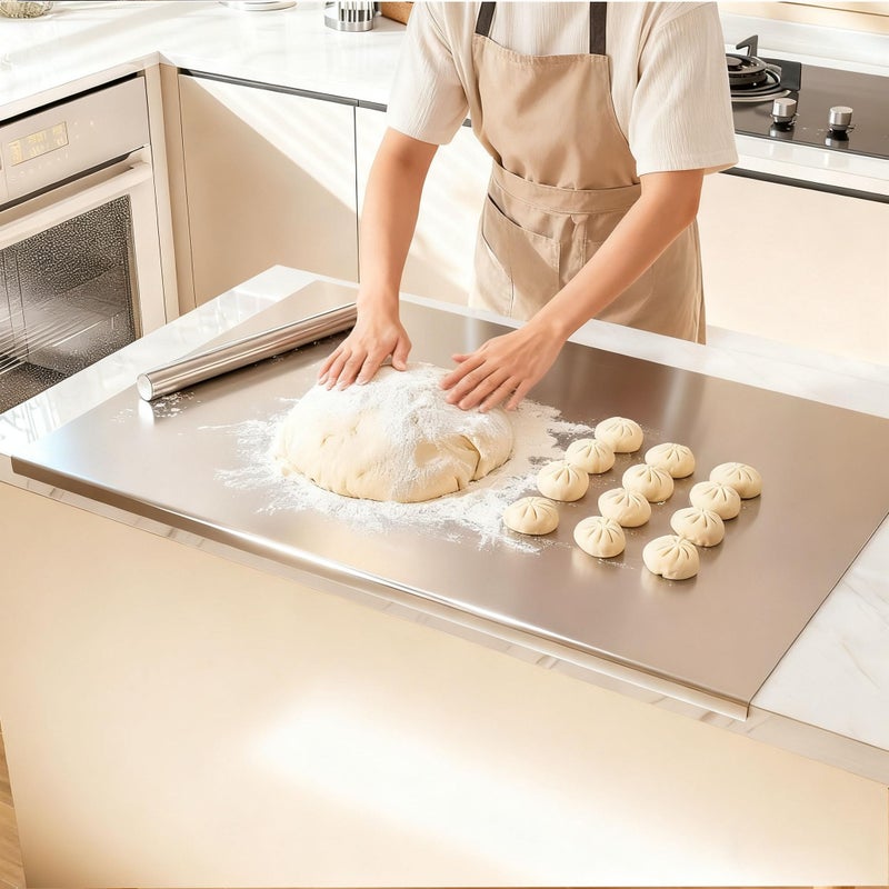 tonchean Extra Large 304 Stainless Steel Chopping Board with Lip, 35.4â€x 22.8â€Steel Cutting Board with Rolling Pin, Metal Noodle Board Pastry Board Kneading Dough Board for Kitchen Restaurant - Image 1