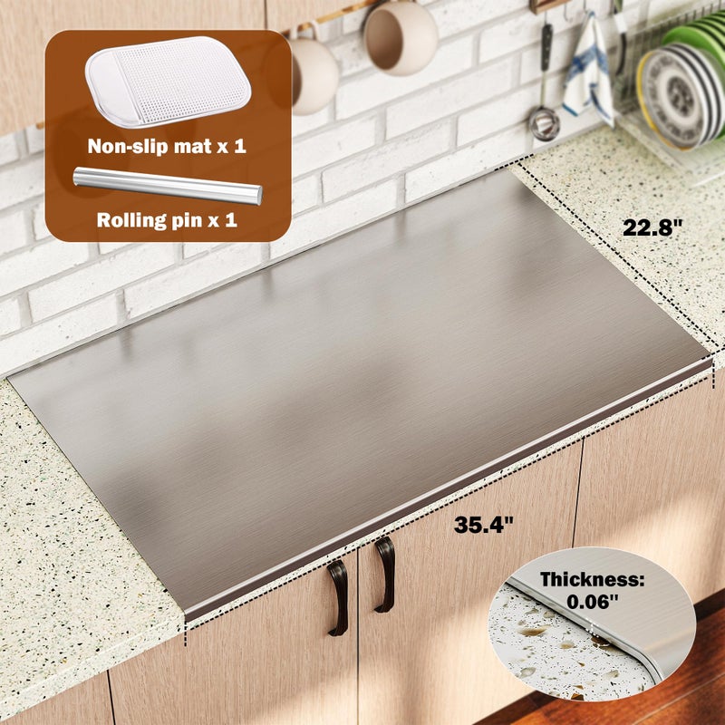 tonchean Extra Large 304 Stainless Steel Chopping Board with Lip, 35.4â€x 22.8â€Steel Cutting Board with Rolling Pin, Metal Noodle Board Pastry Board Kneading Dough Board for Kitchen Restaurant - Image 2