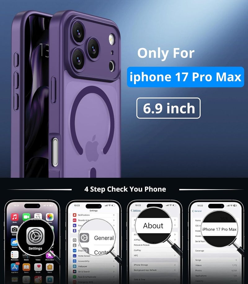 Vansdon Magnetic Case for iPhone 17 Pro Max with 1-Pack Tempered Glass Screen Protector, Compatible with MagSafe, Military-Grade Drop Protection, Slim Translucent Matte Shockproof Case - Bark Purple - Image 4