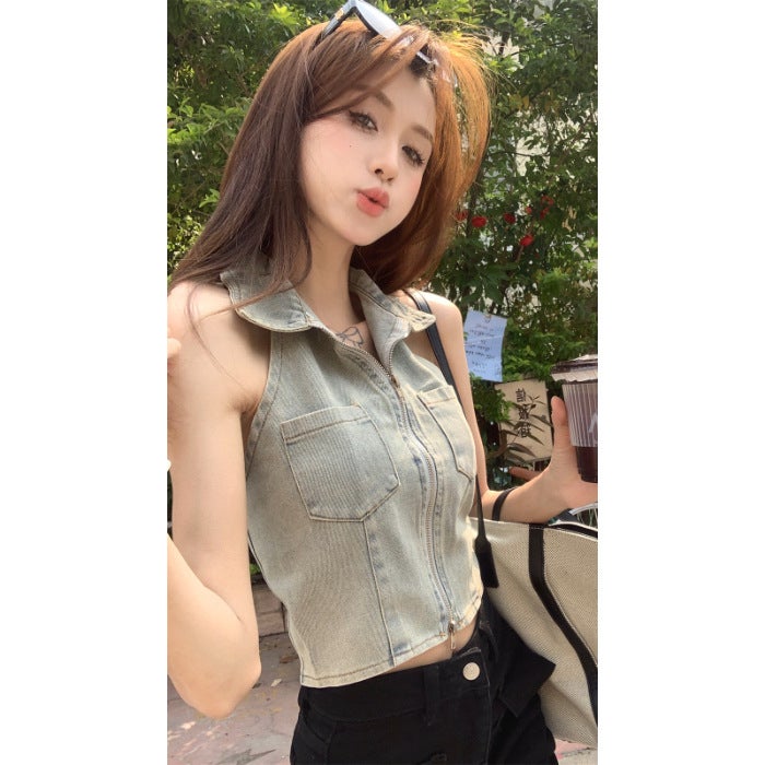 Girl Design Polo Collar Backless Denim Vest Summer Women'S Fashionable Korean Style Slim-Fit Short Halter Top - Image 1
