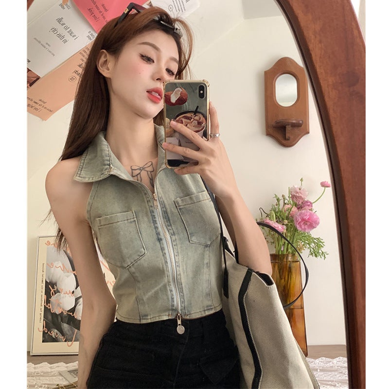 Girl Design Polo Collar Backless Denim Vest Summer Women'S Fashionable Korean Style Slim-Fit Short Halter Top - Image 2