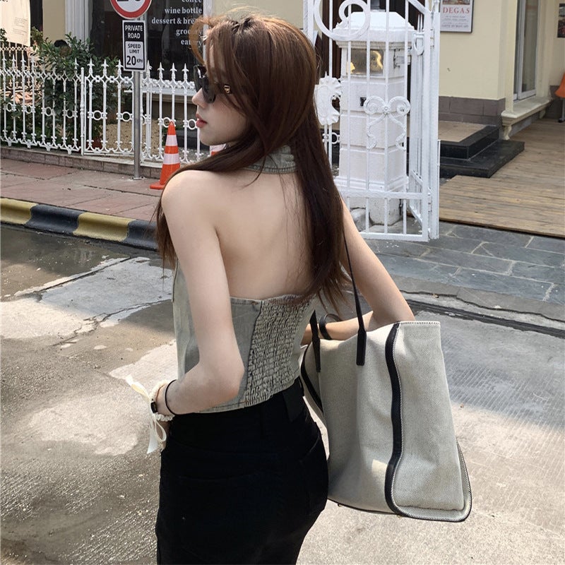 Girl Design Polo Collar Backless Denim Vest Summer Women'S Fashionable Korean Style Slim-Fit Short Halter Top - Image 3