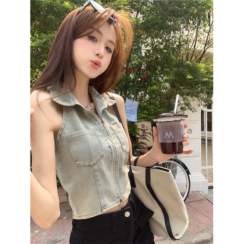 Girl Design Polo Collar Backless Denim Vest Summer Women'S Fashionable Korean Style Slim-Fit Short Halter Top - Image 5