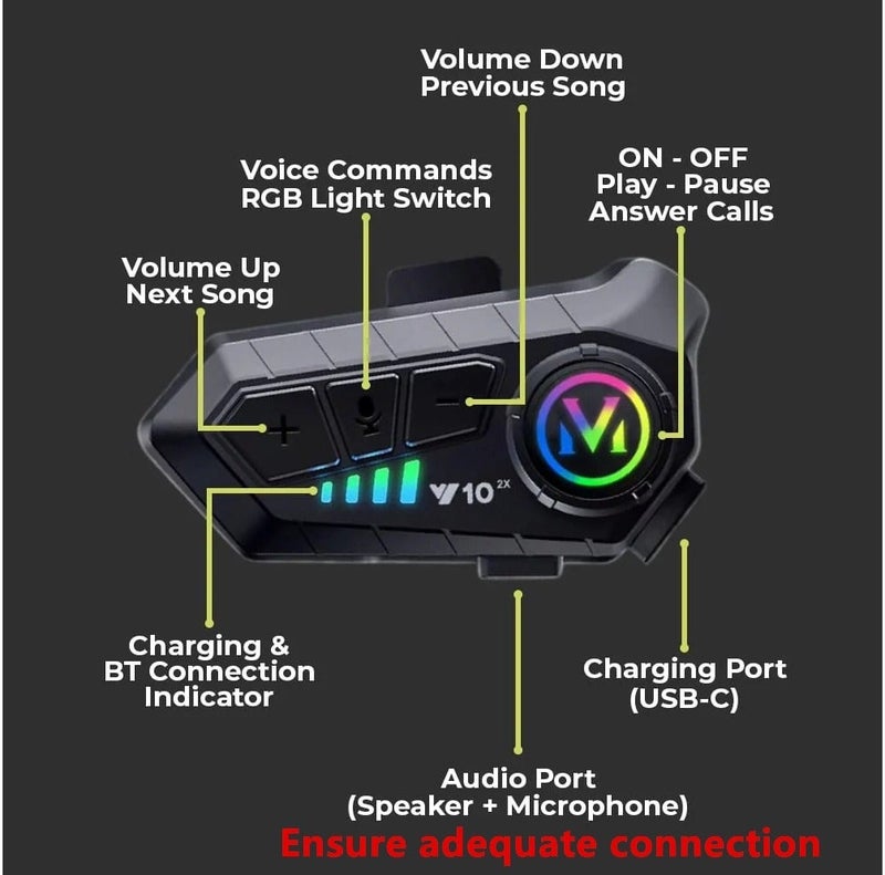 V10 Motorcycle Helmet Speakers High Battery Life Helmet Headphone IPX6 Automatic Answer/Call Music Control/Intelligent Noise/Wake up Siri, 2 Different Types of Mic - Compatible with All Helmets - Image 4